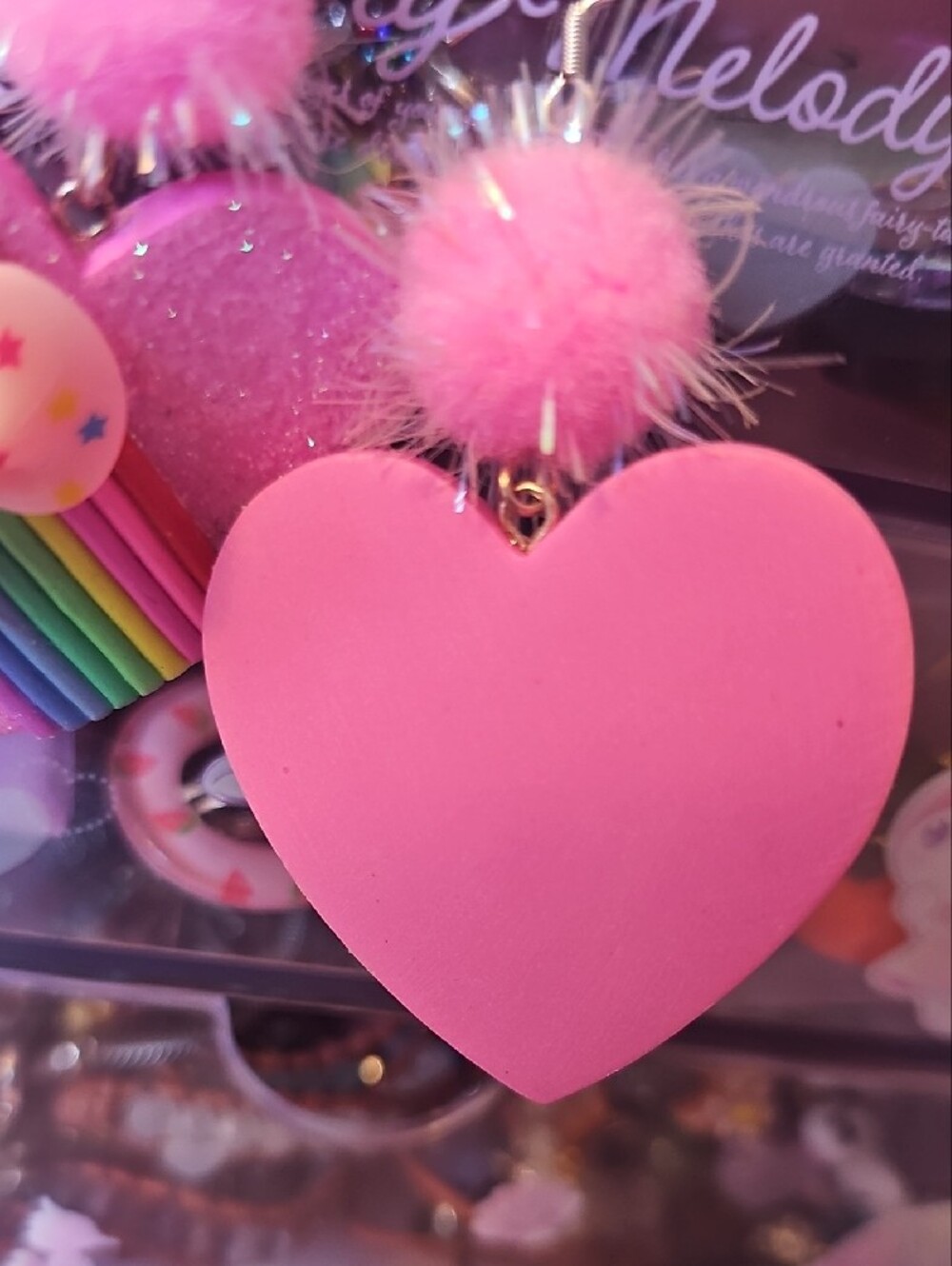 Pink Rainbow Heart Drop Earrings with Bow Accent - Cute Girls Jewelry - Picture 3 of 4